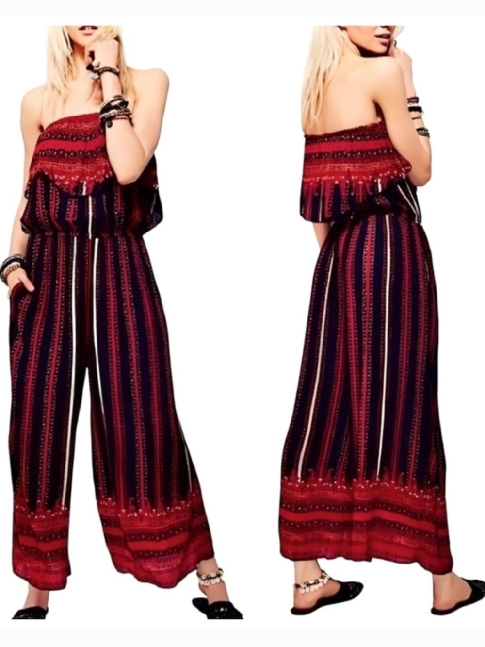 Free People Strapless Wide-Leg Jumpsuit in Red and Black